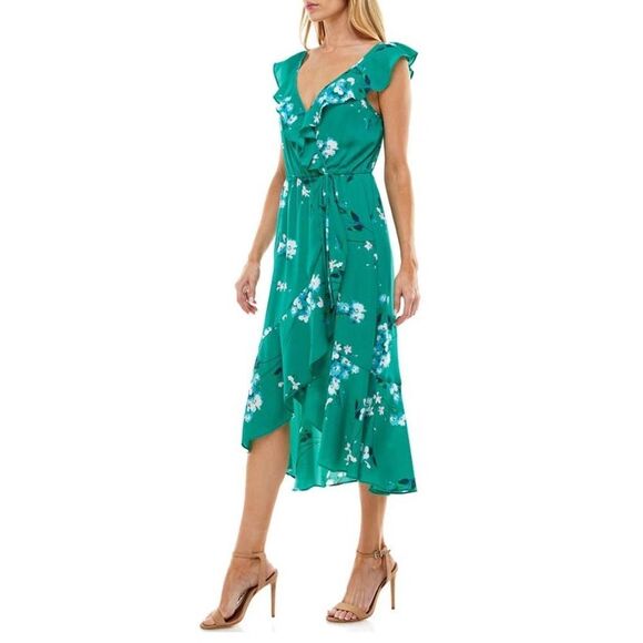 Socialite Ruffle Print Wrap Midi Dress Kelly Green Floral Women's Sz XS NWOT - Picture 7 of 7